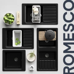 GoodHome Romesco Black Granite 1.5 Bowl Sink & Drainer (W)515mm X (L)1050mm -Prime Kitchen goodhome romesco black granite 1 5 bowl sink drainer w 515mm x l 1050mm5059340458496 46i 1