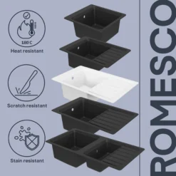 GoodHome Romesco Black Granite 1.5 Bowl Sink & Drainer (W)515mm X (L)1050mm -Prime Kitchen goodhome romesco black granite 1 5 bowl sink drainer w 515mm x l 1050mm5059340458502 75c EN 1