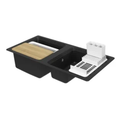 GoodHome Romesco Black Granite 1.5 Bowl Sink & Drainer (W)515mm X (L)1050mm -Prime Kitchen goodhome romesco black granite 1 5 bowl sink drainer w 515mm x l 1050mm5059340458519 01c 1