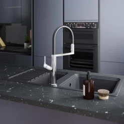 GoodHome Romesco Black Granite 1.5 Bowl Sink & Drainer (W)515mm X (L)1050mm -Prime Kitchen goodhome romesco black granite 1 5 bowl sink drainer w 515mm x l 1050mm5059340458519 05i 1