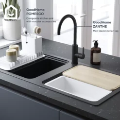GoodHome Romesco Black Granite 1.5 Bowl Sink & Drainer (W)515mm X (L)1050mm -Prime Kitchen goodhome romesco black granite 1 5 bowl sink drainer w 515mm x l 1050mm5059340458519 45i EN 1