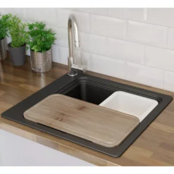 GoodHome Romesco Black Quartz Composite Rectangular 1 Bowl Composite Sink (W)511mm -Prime Kitchen goodhome romesco black quartz composite rectangular 1 bowl composite sink w 511mm3663602791966 07bq