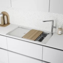 GoodHome Romesco Brushed Stainless Steel 1 Bowl Kitchen Sink (W)510mm X (L)880mm -Prime Kitchen goodhome romesco brushed stainless steel 1 bowl kitchen sink w 510mm x l 880mm5059340458526 01i 1