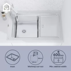 GoodHome Romesco Brushed Stainless Steel 1 Bowl Kitchen Sink (W)510mm X (L)880mm -Prime Kitchen goodhome romesco brushed stainless steel 1 bowl kitchen sink w 510mm x l 880mm5059340458526 41i EN 1