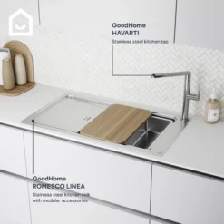 GoodHome Romesco Brushed Stainless Steel 1 Bowl Kitchen Sink (W)510mm X (L)880mm -Prime Kitchen goodhome romesco brushed stainless steel 1 bowl kitchen sink w 510mm x l 880mm5059340458526 45i EN 1