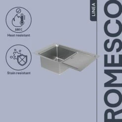 GoodHome Romesco Brushed Stainless Steel 1 Bowl Kitchen Sink (W)510mm X (L)880mm -Prime Kitchen goodhome romesco brushed stainless steel 1 bowl kitchen sink w 510mm x l 880mm5059340458526 75c EN 1