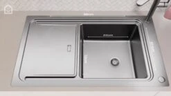 GoodHome Romesco Brushed Stainless Steel 1 Bowl Kitchen Sink (W)510mm X (L)880mm -Prime Kitchen goodhome romesco brushed stainless steel 1 bowl kitchen sink w 510mm x l 880mm5059340458533 kfg EN 1