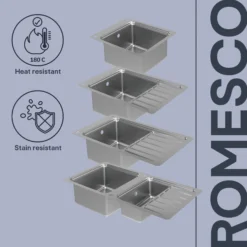 GoodHome Romesco Brushed Stainless Steel 1 Bowl Kitchen Sink With Compact Drainer (W)510mm X (L)770mm -Prime Kitchen goodhome romesco brushed stainless steel 1 bowl kitchen sink with compact drainer w 510mm x l 770mm5059340458489 75c EN