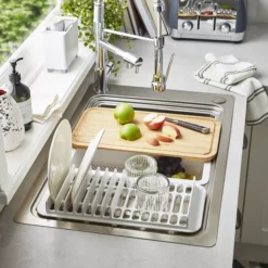 GoodHome Romesco Brushed Stainless Steel 1 Bowl Kitchen Sink With Compact Drainer (W)510mm X (L)770mm -Prime Kitchen goodhome romesco brushed stainless steel 1 bowl kitchen sink with compact drainer w 510mm x l 770mm5059340458762 01i