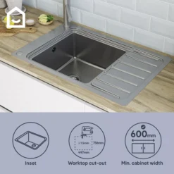 GoodHome Romesco Brushed Stainless Steel 1 Bowl Kitchen Sink With Compact Drainer (W)510mm X (L)770mm -Prime Kitchen goodhome romesco brushed stainless steel 1 bowl kitchen sink with compact drainer w 510mm x l 770mm5059340458762 41i EN