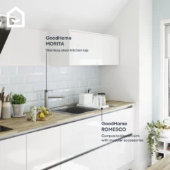 GoodHome Romesco Brushed Stainless Steel 1 Bowl Kitchen Sink With Compact Drainer (W)510mm X (L)770mm -Prime Kitchen goodhome romesco brushed stainless steel 1 bowl kitchen sink with compact drainer w 510mm x l 770mm5059340458762 45i EN