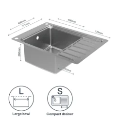GoodHome Romesco Brushed Stainless Steel 1 Bowl Kitchen Sink With Compact Drainer (W)510mm X (L)770mm -Prime Kitchen goodhome romesco brushed stainless steel 1 bowl kitchen sink with compact drainer w 510mm x l 770mm5059340458762 71c EN