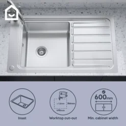 GoodHome Romesco Brushed Stainless Steel 1 Bowl Kitchen Sink With Full Drainer (W)510mm X (L)880mm -Prime Kitchen goodhome romesco brushed stainless steel 1 bowl kitchen sink with full drainer w 510mm x l 880mm5059340458472 41i EN 1