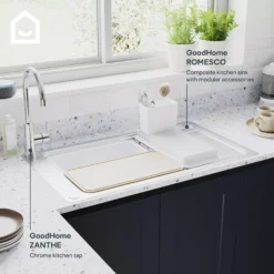 GoodHome Romesco Brushed Stainless Steel 1 Bowl Kitchen Sink With Full Drainer (W)510mm X (L)880mm -Prime Kitchen goodhome romesco brushed stainless steel 1 bowl kitchen sink with full drainer w 510mm x l 880mm5059340458472 45i EN 1