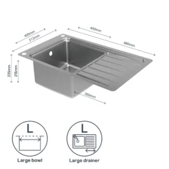 GoodHome Romesco Brushed Stainless Steel 1 Bowl Kitchen Sink With Full Drainer (W)510mm X (L)880mm -Prime Kitchen goodhome romesco brushed stainless steel 1 bowl kitchen sink with full drainer w 510mm x l 880mm5059340458472 71c EN 1