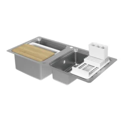 GoodHome Romesco Brushed Stainless Steel 2 Bowl Kitchen Sink With Compact Drainer (W)510mm X (L)1050mm -Prime Kitchen goodhome romesco brushed stainless steel 2 bowl kitchen sink with compact drainer w 510mm x l 1050mm5059340458489 01c