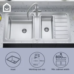 GoodHome Romesco Brushed Stainless Steel 2 Bowl Kitchen Sink With Compact Drainer (W)510mm X (L)1050mm -Prime Kitchen goodhome romesco brushed stainless steel 2 bowl kitchen sink with compact drainer w 510mm x l 1050mm5059340458489 41i EN
