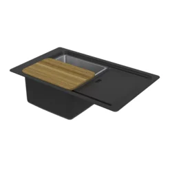 GoodHome Romesco Linea Black Granite 1 Bowl Sink & Drainer (W)515mm X (L)880mm -Prime Kitchen goodhome romesco linea black granite 1 bowl sink drainer w 515mm x l 880mm5059340458533 01c