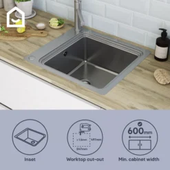 GoodHome Romesco Metallic Effect Stainless Steel Rectangular 1 Bowl Kitchen Sink (W)510mm -Prime Kitchen goodhome romesco metallic effect stainless steel rectangular 1 bowl kitchen sink w 510mm5059340458755 41i EN