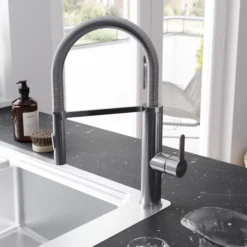 GoodHome Saffron Stainless Steel Effect Kitchen Spring Neck Tap -Prime Kitchen goodhome saffron stainless steel effect kitchen spring neck tap5059340452883 01i