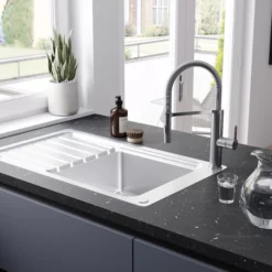 GoodHome Saffron Stainless Steel Effect Kitchen Spring Neck Tap -Prime Kitchen goodhome saffron stainless steel effect kitchen spring neck tap5059340452883 02i