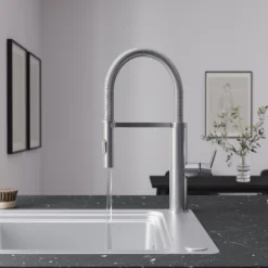 GoodHome Saffron Stainless Steel Effect Kitchen Spring Neck Tap -Prime Kitchen goodhome saffron stainless steel effect kitchen spring neck tap5059340452883 03i