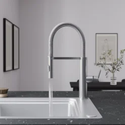 GoodHome Saffron Stainless Steel Effect Kitchen Spring Neck Tap -Prime Kitchen goodhome saffron stainless steel effect kitchen spring neck tap5059340452883 04i