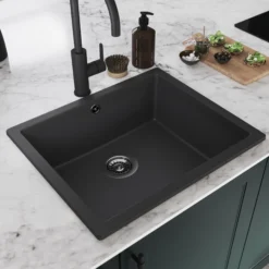 GoodHome Sorrel Black Composite Quartz 1 Bowl Kitchen Sink (W)550mm X (L)460mm -Prime Kitchen goodhome sorrel black composite quartz 1 bowl kitchen sink w 550mm x l 460mm5059340458410 03i