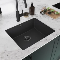 GoodHome Sorrel Black Composite Quartz 1 Bowl Kitchen Sink (W)550mm X (L)460mm -Prime Kitchen goodhome sorrel black composite quartz 1 bowl kitchen sink w 550mm x l 460mm5059340458410 04i