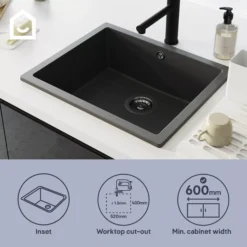 GoodHome Sorrel Black Composite Quartz 1 Bowl Kitchen Sink (W)550mm X (L)460mm -Prime Kitchen goodhome sorrel black composite quartz 1 bowl kitchen sink w 550mm x l 460mm5059340458410 41i EN