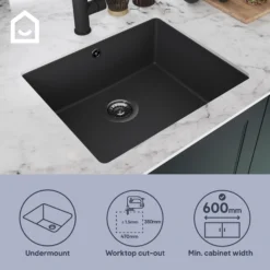 GoodHome Sorrel Black Composite Quartz 1 Bowl Kitchen Sink (W)550mm X (L)460mm -Prime Kitchen goodhome sorrel black composite quartz 1 bowl kitchen sink w 550mm x l 460mm5059340458410 42i EN