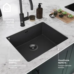 GoodHome Sorrel Black Composite Quartz 1 Bowl Kitchen Sink (W)550mm X (L)460mm -Prime Kitchen goodhome sorrel black composite quartz 1 bowl kitchen sink w 550mm x l 460mm5059340458410 45i EN
