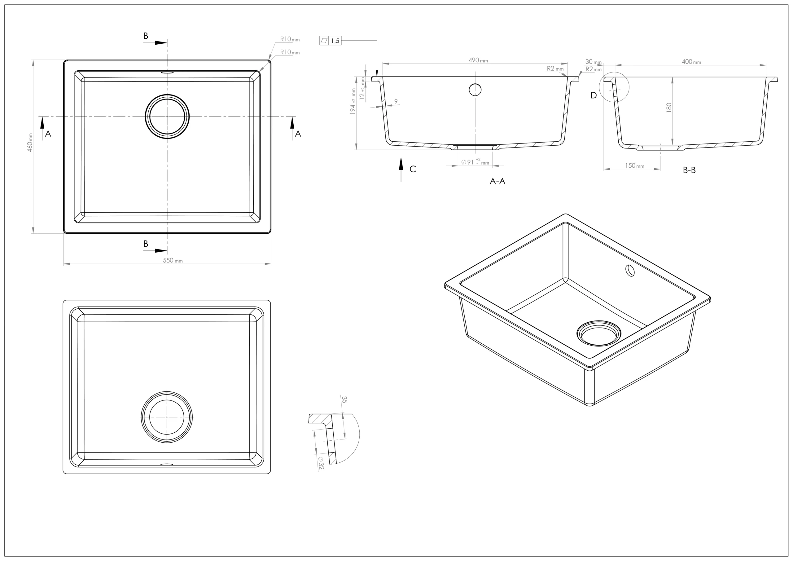 GoodHome Sorrel Grey Composite Quartz 1 Bowl Kitchen Sink (W)550mm X (L)460mm 5 GoodHome Sorrel Grey Composite Quartz 1 Bowl Kitchen Sink (W)550mm X (L)460mm - Image 3