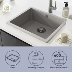 GoodHome Sorrel Grey Composite Quartz 1 Bowl Kitchen Sink (W)550mm X (L)460mm 23 GoodHome Sorrel Grey Composite Quartz 1 Bowl Kitchen Sink (W)550mm X (L)460mm -Prime Kitchen goodhome sorrel grey composite quartz 1 bowl kitchen sink w 550mm x l 460mm5059340458434 41i EN