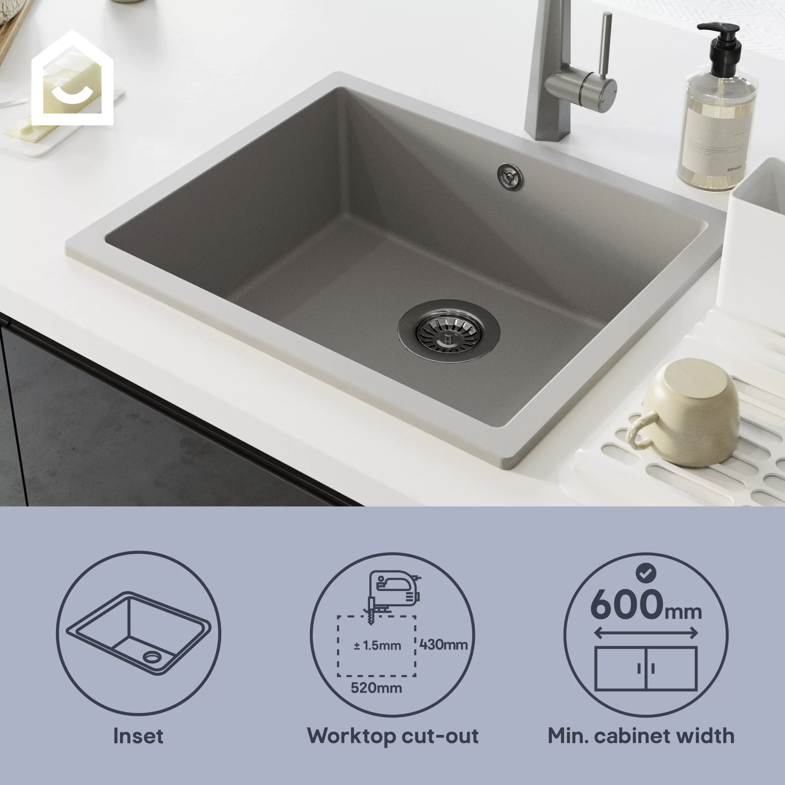 GoodHome Sorrel Grey Composite Quartz 1 Bowl Kitchen Sink (W)550mm X (L)460mm 12 GoodHome Sorrel Grey Composite Quartz 1 Bowl Kitchen Sink (W)550mm X (L)460mm - Image 10