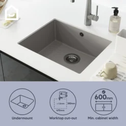 GoodHome Sorrel Grey Composite Quartz 1 Bowl Kitchen Sink (W)550mm X (L)460mm 24 GoodHome Sorrel Grey Composite Quartz 1 Bowl Kitchen Sink (W)550mm X (L)460mm -Prime Kitchen goodhome sorrel grey composite quartz 1 bowl kitchen sink w 550mm x l 460mm5059340458434 42i EN