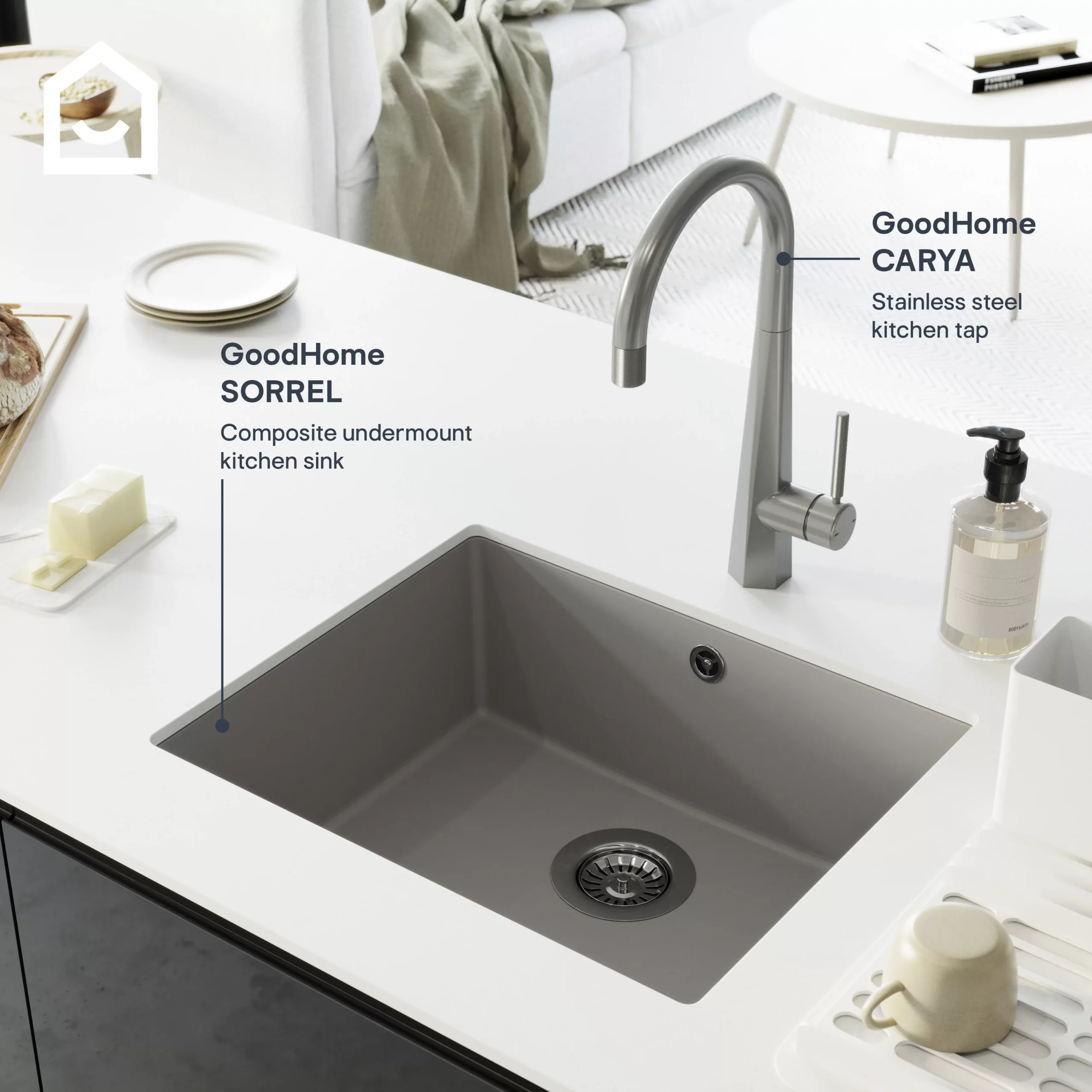 GoodHome Sorrel Grey Composite Quartz 1 Bowl Kitchen Sink (W)550mm X (L)460mm 11 GoodHome Sorrel Grey Composite Quartz 1 Bowl Kitchen Sink (W)550mm X (L)460mm - Image 9