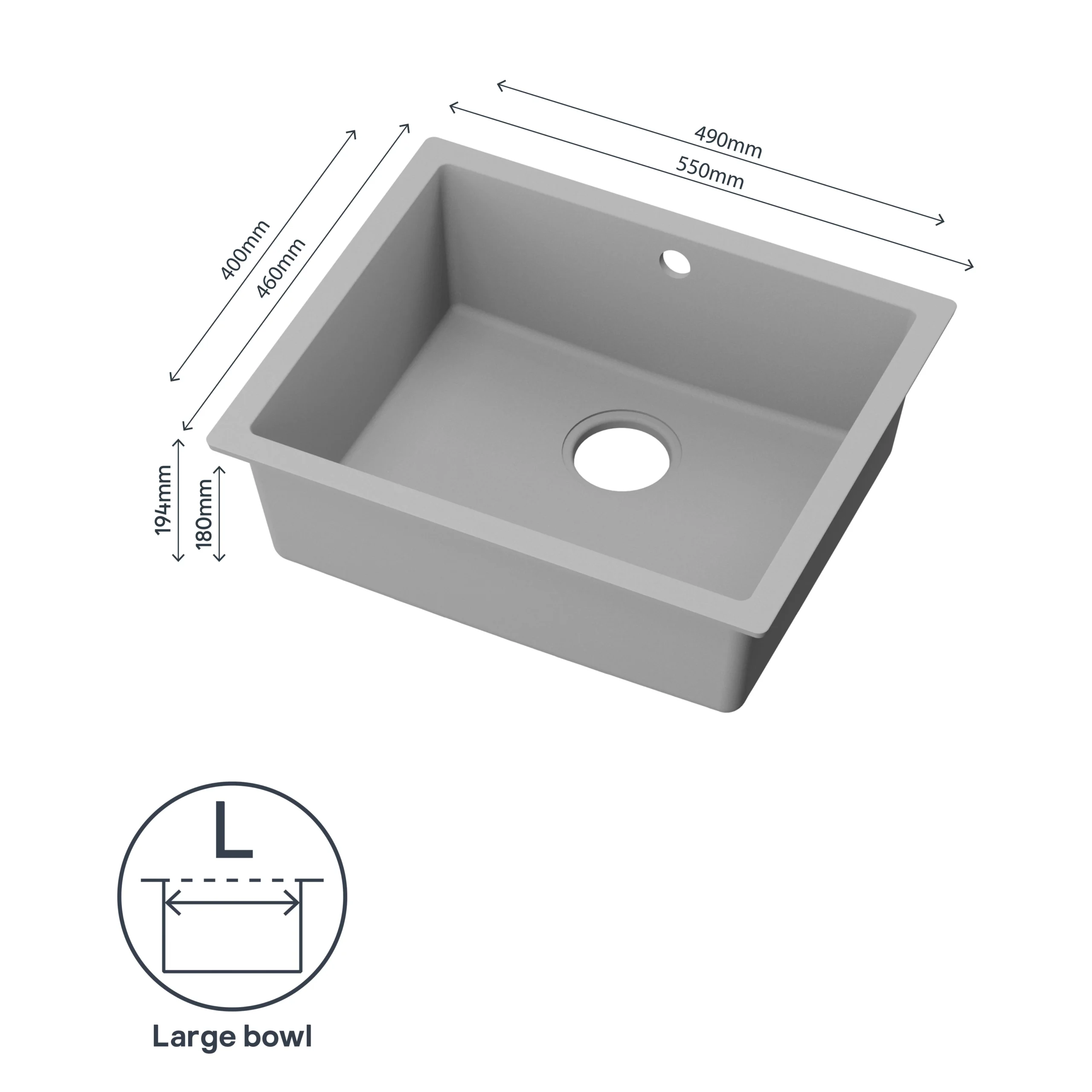 GoodHome Sorrel Grey Composite Quartz 1 Bowl Kitchen Sink (W)550mm X (L)460mm 6 GoodHome Sorrel Grey Composite Quartz 1 Bowl Kitchen Sink (W)550mm X (L)460mm - Image 4