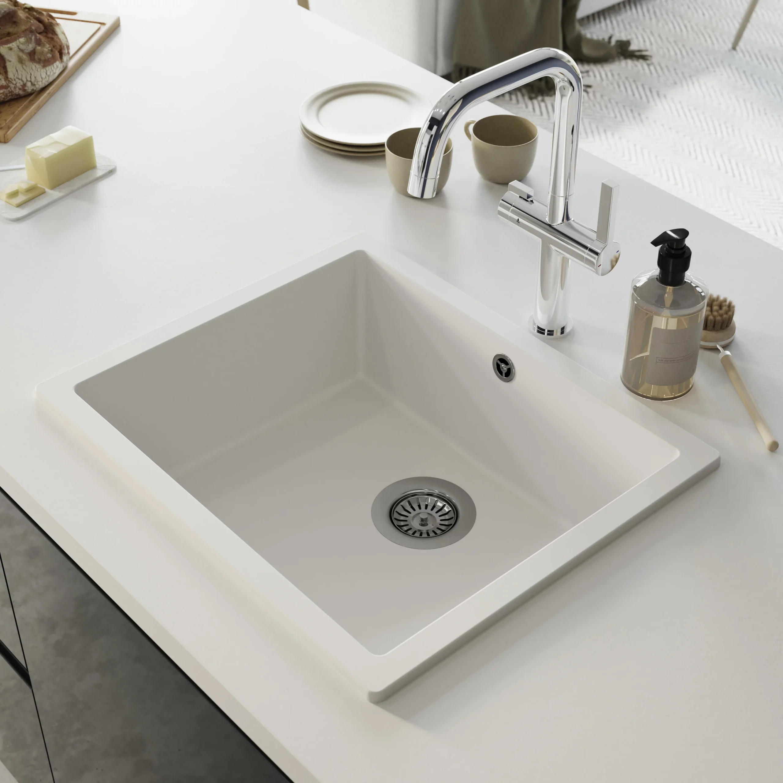 GoodHome Sorrel White Composite Quartz 1 Bowl Kitchen Sink (W)550mm X (L)460mm 6 GoodHome Sorrel White Composite Quartz 1 Bowl Kitchen Sink (W)550mm X (L)460mm - Image 4