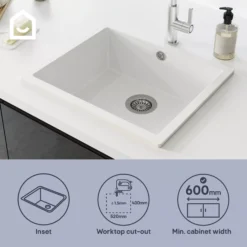 GoodHome Sorrel White Composite Quartz 1 Bowl Kitchen Sink (W)550mm X (L)460mm 25 GoodHome Sorrel White Composite Quartz 1 Bowl Kitchen Sink (W)550mm X (L)460mm -Prime Kitchen goodhome sorrel white composite quartz 1 bowl kitchen sink w 550mm x l 460mm5059340458427 41i EN