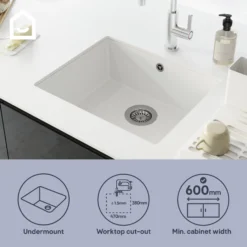 GoodHome Sorrel White Composite Quartz 1 Bowl Kitchen Sink (W)550mm X (L)460mm 26 GoodHome Sorrel White Composite Quartz 1 Bowl Kitchen Sink (W)550mm X (L)460mm -Prime Kitchen goodhome sorrel white composite quartz 1 bowl kitchen sink w 550mm x l 460mm5059340458427 42i EN
