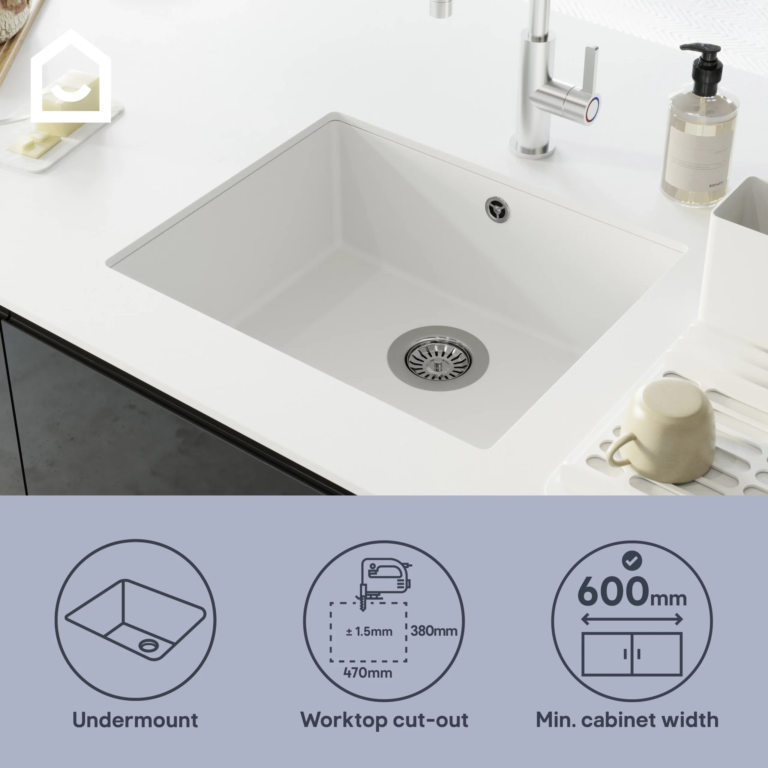 GoodHome Sorrel White Composite Quartz 1 Bowl Kitchen Sink (W)550mm X (L)460mm 14 GoodHome Sorrel White Composite Quartz 1 Bowl Kitchen Sink (W)550mm X (L)460mm - Image 12