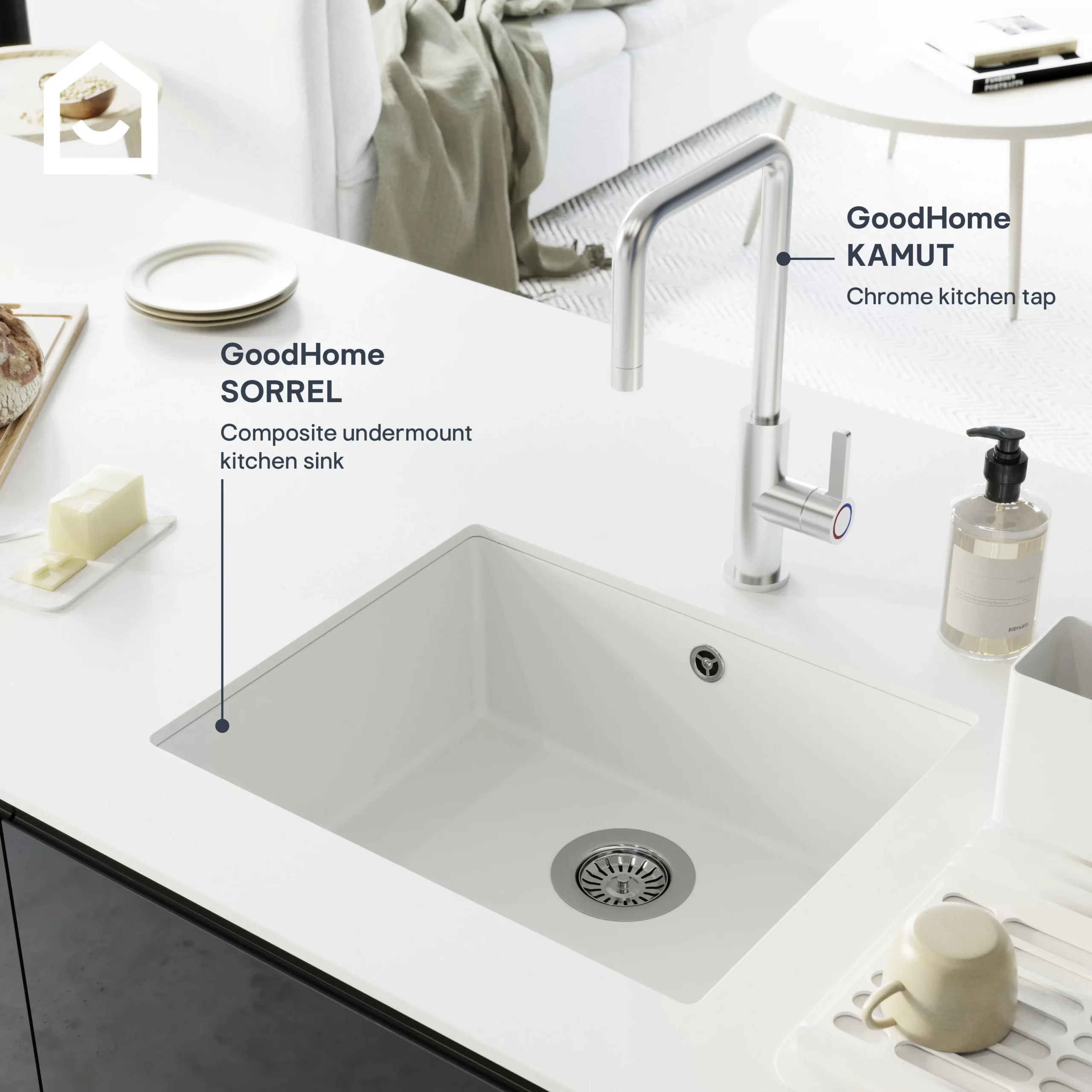 GoodHome Sorrel White Composite Quartz 1 Bowl Kitchen Sink (W)550mm X (L)460mm 12 GoodHome Sorrel White Composite Quartz 1 Bowl Kitchen Sink (W)550mm X (L)460mm - Image 10