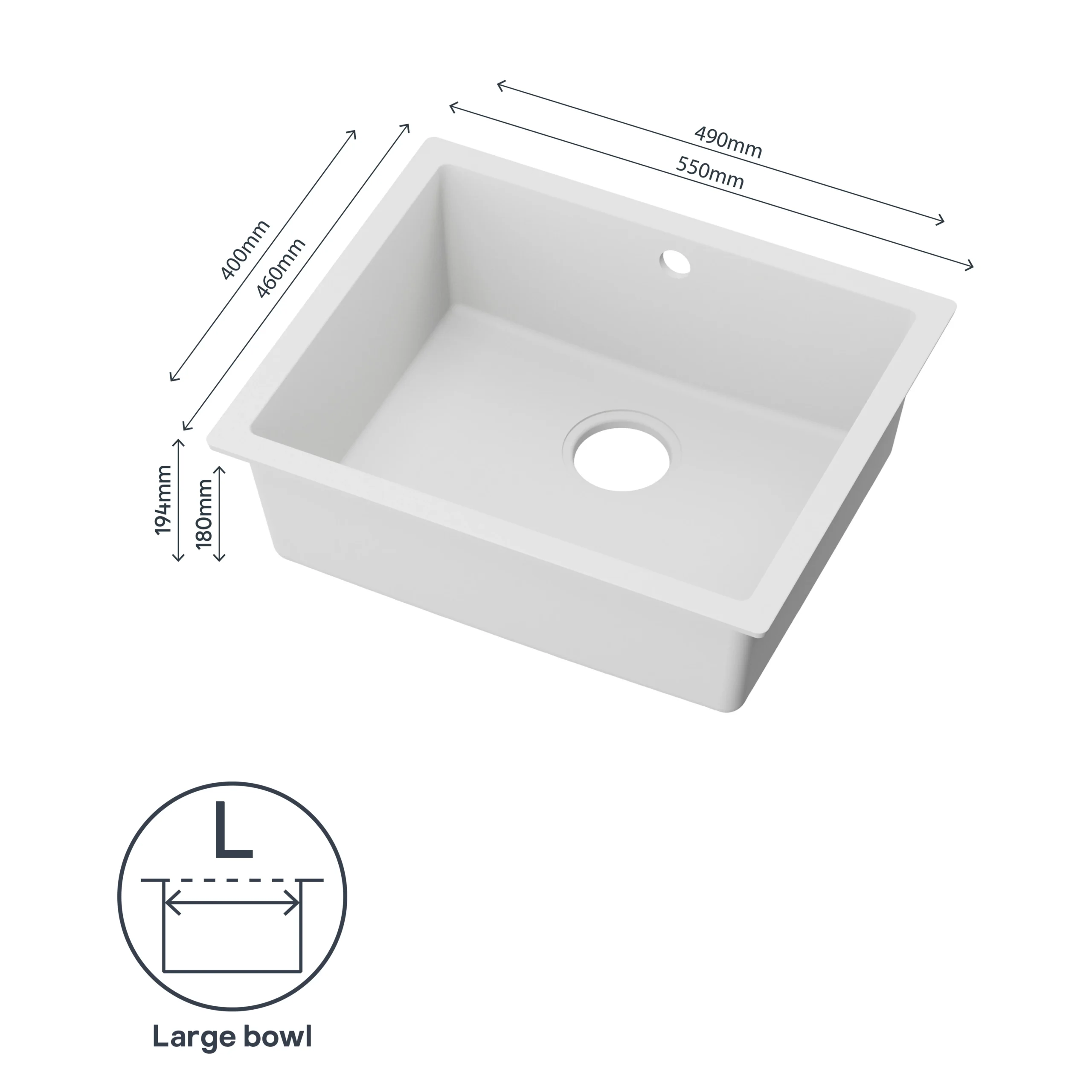 GoodHome Sorrel White Composite Quartz 1 Bowl Kitchen Sink (W)550mm X (L)460mm 8 GoodHome Sorrel White Composite Quartz 1 Bowl Kitchen Sink (W)550mm X (L)460mm - Image 6
