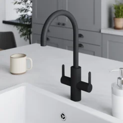 GoodHome Zanthe Black Graphite Effect Kitchen Twin Lever Tap -Prime Kitchen goodhome zanthe black graphite effect kitchen twin lever tap5059340452838 01i