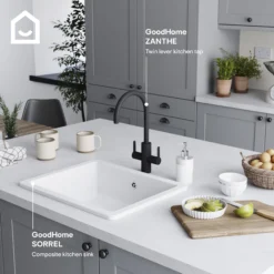 GoodHome Zanthe Black Graphite Effect Kitchen Twin Lever Tap -Prime Kitchen goodhome zanthe black graphite effect kitchen twin lever tap5059340452838 45c EN