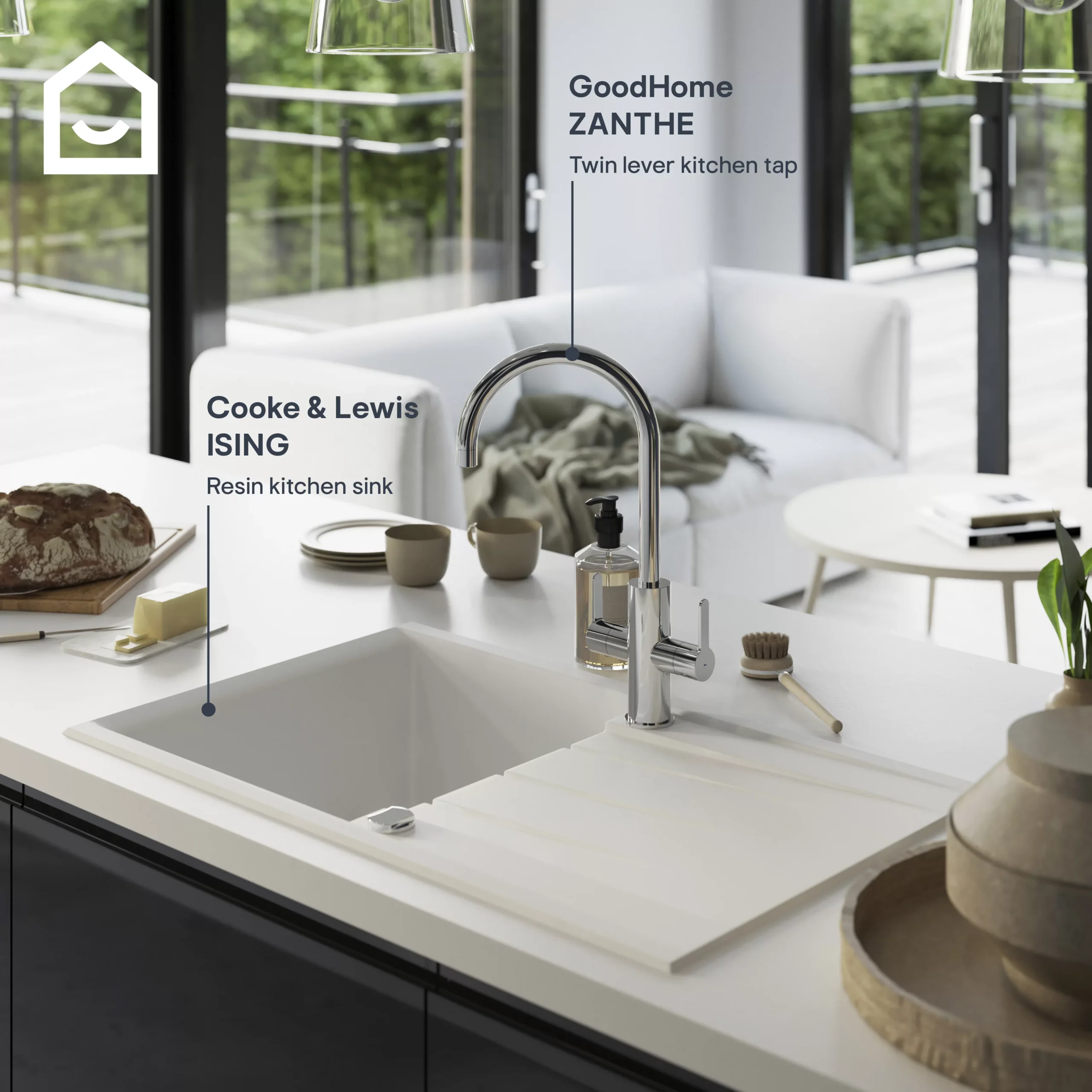 GoodHome Zanthe Chrome-plated Kitchen Twin Lever Tap 7 GoodHome Zanthe Chrome-plated Kitchen Twin Lever Tap - Image 5