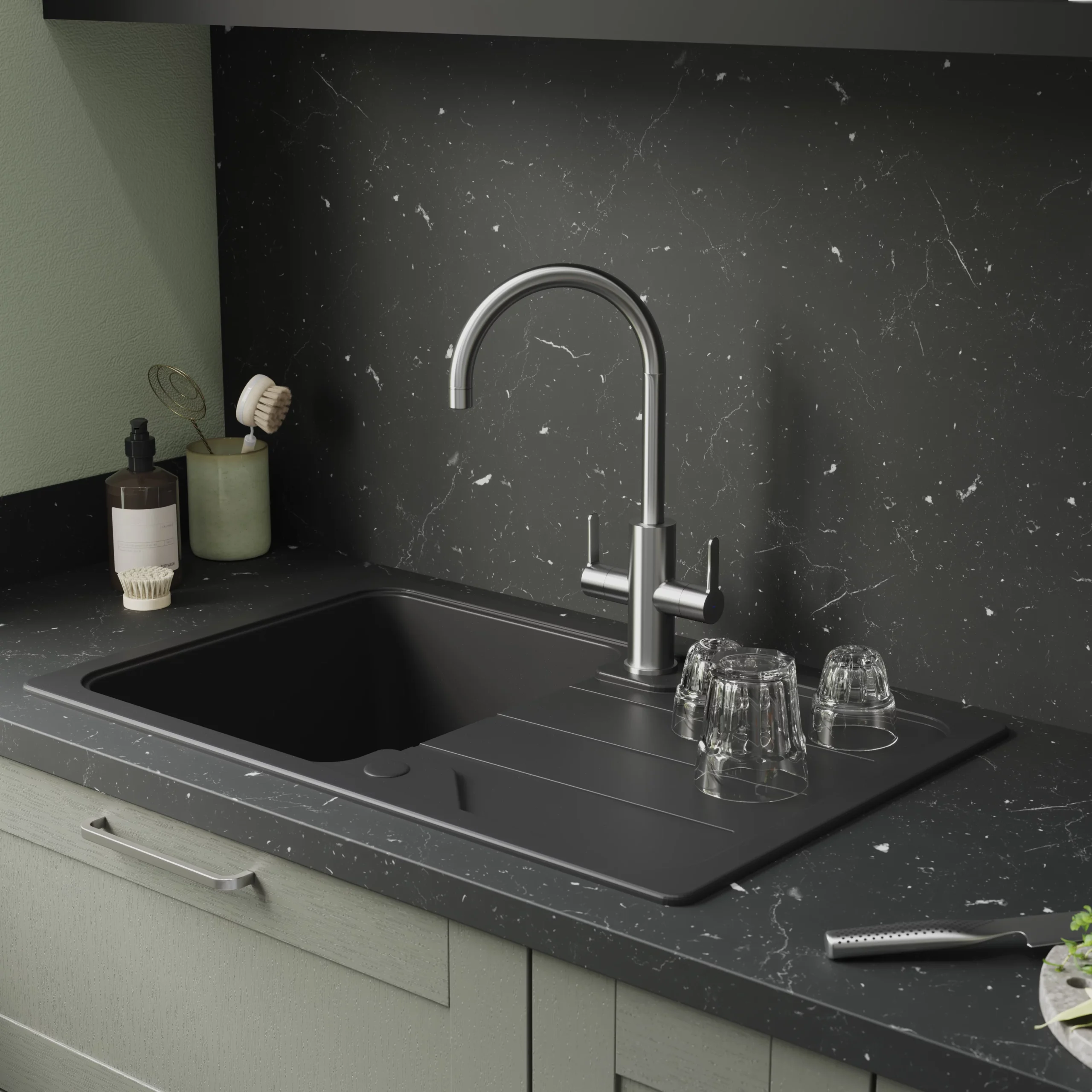 GoodHome Zanthe Stainless Steel Effect Kitchen Twin Lever Tap 8 GoodHome Zanthe Stainless Steel Effect Kitchen Twin Lever Tap - Image 6