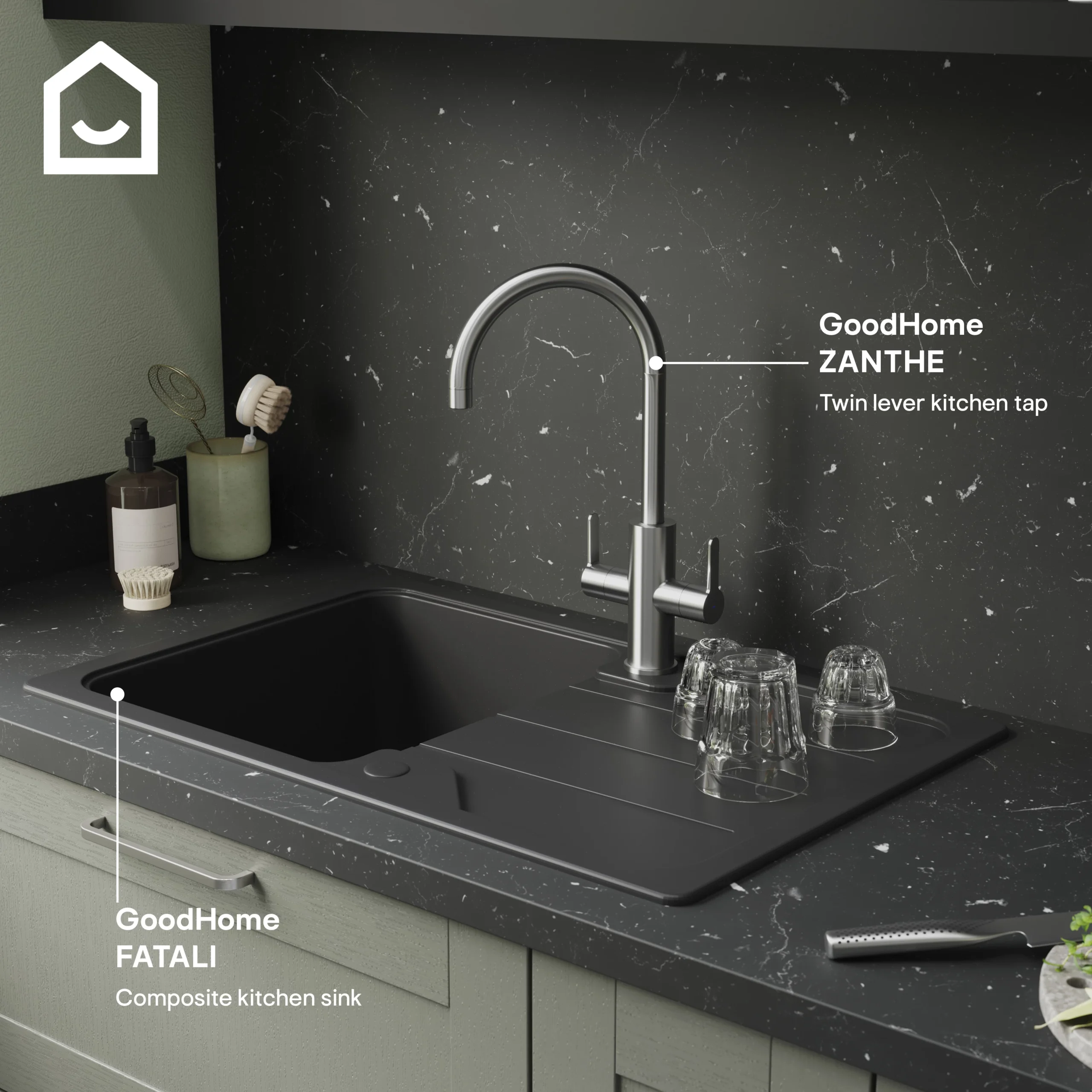 GoodHome Zanthe Stainless Steel Effect Kitchen Twin Lever Tap 9 GoodHome Zanthe Stainless Steel Effect Kitchen Twin Lever Tap - Image 7