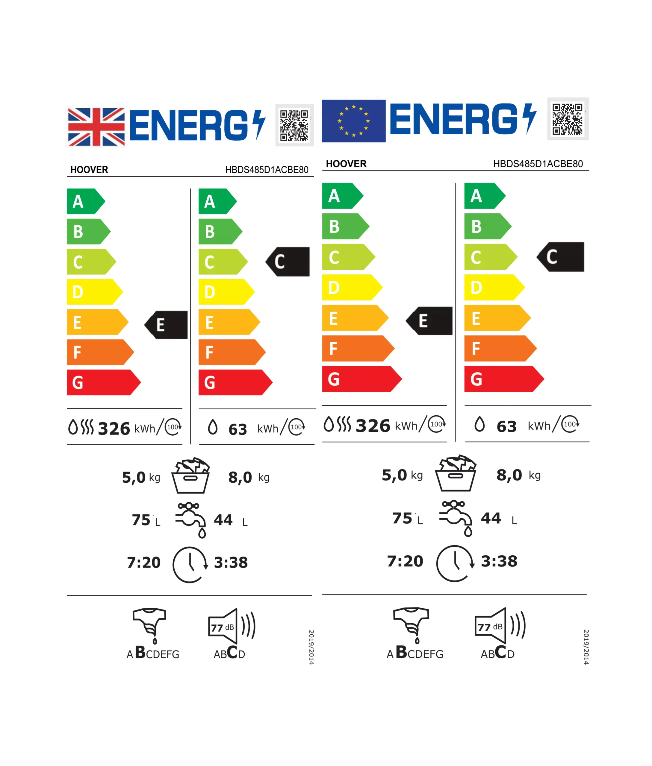 Hoover HBDS485D1ACBE-80 8kg/5kg Built-in Condenser Washer Dryer - Black 7 Hoover HBDS485D1ACBE-80 8kg/5kg Built-in Condenser Washer Dryer - Black - Image 5